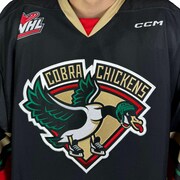 Un chandail de hockey avec un oiseau chaussé de patins et portant un casque avec le nom Cobra Chickens au-dessus du logo. 