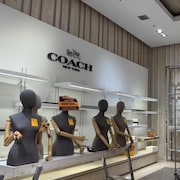 L'intérieur d'un magasin avec des prix sur les mannequins qui servaient à présenter des vêtements.