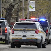 Des voitures de police et un agent de la Sûreté du Québec.