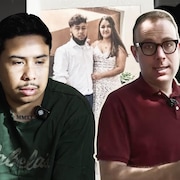 Deux hommes sont juxtapos&eacute;s en plusieurs plans autour d'un portrait encadr&eacute; d'un couple.