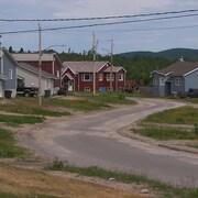 Des maisons rouges et bleues sont vues aux abords d'une route. Elles semblent être situées en banlieue ou en campagne.