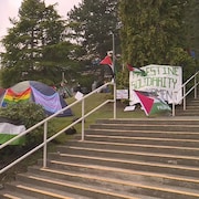 Des tentes, des drapeaux et des pancartes sur une pelouse.