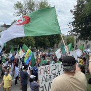 Des manifestant portant  le drapeau algérien.