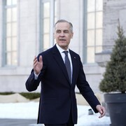  Mark Carney fait un geste de la main.