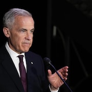 Le premier ministre Mark Carney en train de prononcer un discours.