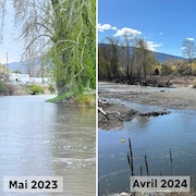 Montage photo avec la rivière proche de Meritt avec un niveau d'eau normal en mai 2023 et une autre avec un niveau d'eau bas, en avril 2024.