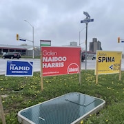 Des pancartes électorales de candidats à l'élection partielle à Milton, en Ontario. 