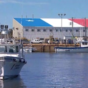 Un bâtiment dont le toit est peint aux couleurs du drapeau acadien, près d'un quai, avec quelques petits bateaux autour.