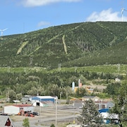 Un paysage de mine avec une montagne en arrière et des éoliennes.