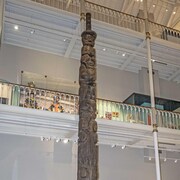 Le totem dans une salle devant un mur avec d'autres artéfacts.