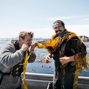 Jordan White croque dans des algues fraîches enroulées au tour du cou de Stevie Dennis, près de la rive océanique de Tofino.