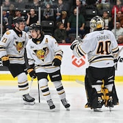 Dans son uniforme de gardien, Nathan Darveau regarde deux joueurs sur la glace. Des partisans attendent la reprise du jeu.