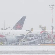 Un avion enneigé est au sol alors qu'il continue de neiger.