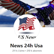 Capture d'écran d'une page Facebook nommée «News 24h Usa». La photo de profil est un drapeau américain et la photo de bannière est un aigle aux couleurs de ce drapeau.