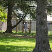 Howard Bogusat se promène entre les arbres avec un détecteur au sol.