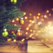 Un arbre de Noël décoré, des lumières en arrière-plan.