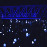 Un pont illuminé et des spectateurs.