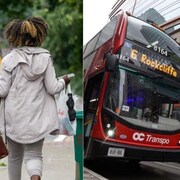 Une piétonne, un autobus et un cycliste. 