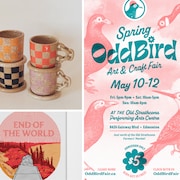 Montage de photos représentant de la poterie, des cadres, des enfants avec des peluches, et au centre, l’affiche du marché d'art et d'artisanat Oddbirds.