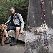 À gauche, Olivier Bruneau avec son chien dans une forêt, à droite, le chantier de construction où il est mort.