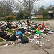 Des sacs de vidanges et des ordures éparpillés sur une parcelle de gazon. Certains déchets débordent dans la rue.