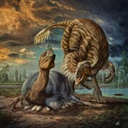 Impression artistique d'un oviraptorosaure couvrant ses oeufs.
