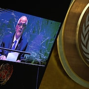 L'image de l'ambassadeur palestinien est diffusée sur un écran dans la salle de l'Assemblée générale de l'ONU.
