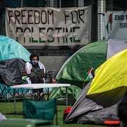 Des tentes, des chaises et des tables sont installés sur un terrain de gazon artificiel avec des banderoles en support de la Palestine.  