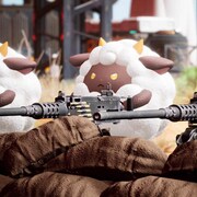 Trois créatures moutons tirent d'une mitraillette dans un jeu vidéo. 