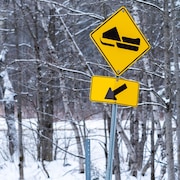 Une pancarte indique la présence d'un sentier de motoneige dans un secteur boisé de la Mauricie l'hiver.
