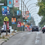 Pancartes électorales le long d'une rue.