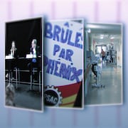 De gauche à droite : une photo du débat de la course à la mairie de Gatineau, une photo d'une affiche sur laquelle il est écrit « Brûlés par Phénix », et une photo d'un corridor d'hôpital.