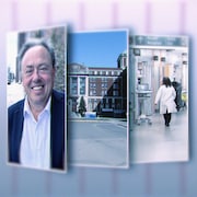 De gauche à droite, une photo du candidat à la mairie Yves Ducharme, une photo d'un immeuble, et une photo d'un corridor d'hôpital.