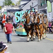 Des chevaux qui tirent le char allégorique d'une entreprise de bonbons qui commandite l'événement et des gens qui regardent le défilé.