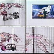Écran d'un ordinateur montrant le travail d'animation sur une scène avec un dinosaure et un véhicule avec le logiciel Softimage.