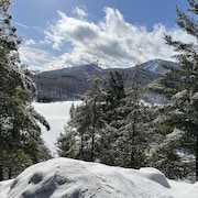 Derrière des sapins, on voit un lac gelé au pied d'une montagne sillonnée par des pistes de ski.