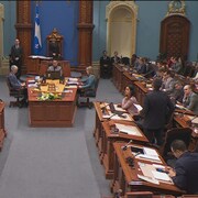 Les députés assis et le chef du Parti québécois debout lors de la période des questions à l'Assemblée nationale du Québec.