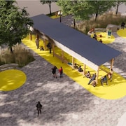 Une maquette du projet montrant des espaces assis et couverts, avec des motifs jaunes sur le sol. 