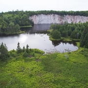 Une paroi rocheuse autour d'une forêt et d'une étendue d'eau.