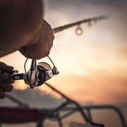 Gros plan sur une canne à pêche sous un ciel rougi. 