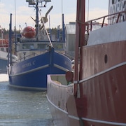 Trois bateaux sont amarrés au quai de Caraquet. 