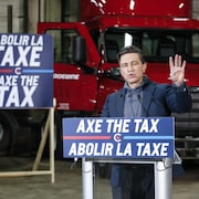 Pierre Poilievre devant une affiche où on lit «Abolir la taxe, Axe the tax».