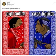 Illustration de deux membres de gangs rivaux (Bloods et Crips). Un d'entre eux représente l'équipe « pipi solide », l'autre, l'équipe « caca liquide ». 