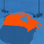 Illustration montrant des caméras de surveillances qui pointent sur le Canada, au-dessus des États-Unis. 
