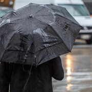 Une personne tient un parapluie dans la rue.