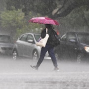 Une passante avec son parapluie traverse la rue, à Montréal, sous une pluie battante.