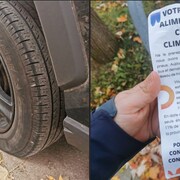 À gauche, un pneu dégonflé. À droite, le pamphlet où il est inscrit « Votre VUS alimente la crise climatique ». 
