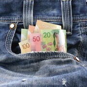 Des billets de 20, 50 et 100 dollars dans la poche d'un pantalon.