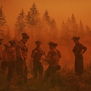 Des pompiers forestiers entourés de fumée.