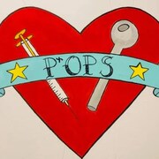Un cœur avec une seringue, une pipe, et une banderole où l'on peut lire POPS. 